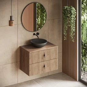 Muebles Mairi badmeubel ribbelfront 80cm warm eiken met zwarte waskom
