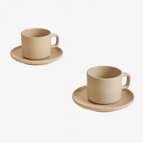 Verpakking Van 2 Sillex Aardewerk Koffiekopjes Met Schoteltjes, 26 Cl Beige Amandelroos - Sklum