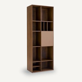 Boekenkast in notenhoutfineer met leren deur, Mikube
