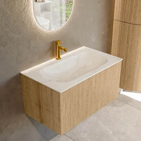 Mondiaz Kurve-dlux 80cm badmeubel oak met 1 lade en wastafel big small midden 1 kraangat ostra