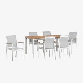 Katiana Rechthoekige Tafelset Van Aluminium En Teakhout (160x90 Cm) En 6 Elvira Aluminium Tuinstoelen Wit - Sklum