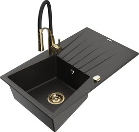 Mexen Cesar granieten gootsteen 1-komorige met druiprek en keukenmengkraan Aster, zwart/goud metallic - 6514-75-73450-57-G