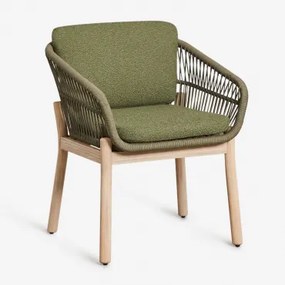 Set Van 2 Eetkamerstoelen Met Armleuningen Van Acaciahout En Gevlochten Touw Karvia Lichte Acaciekleur & Bouclé Saliegroen - Sklum