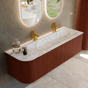 Mondiaz Kurve-dlux 145cm badmeubel ronding links ruby met 1 lade en deur en wastafel big large rechts 2 kraangaten glace