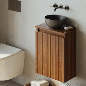 Fontana Bano toiletmeubel ribbelfront walnoot 40x22cm met mat zwarte waskom