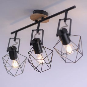 Industriële Spot / Opbouwspot / Plafondspot zwart met hout 3-lichts - Sven Industriele / Industrie / Industrial E27 Binnenverlichting Lamp