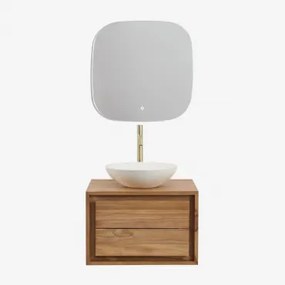 Jabari Teakhouten Badkamermeubelset Teakhout & Rond Cement Wit Ø40 Cm Zavion & Vierkant Led En Anticondens 75x75 Cm Riben & Goud - Sklum