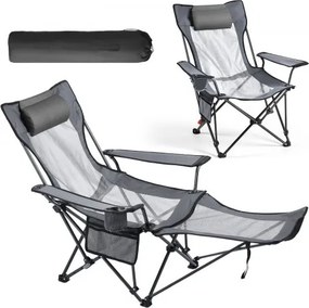 VEVOR opvouwbare campingstoel, relaxstoel met 4 verstelbare standen, comfortabele stoel met bekerhouder, strandstoel van mesh met hoofdsteun en voetensteun, draagvermogen 100 kg, voor kamperen in de buitenlucht, grijs
