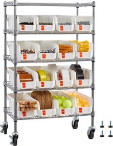 VEVOR vrijstaande opbergkast, opbergrek met 5 niveaus en 16 stapelbare dozen, boekenplank/keukenrek op wielen, verplaatsbare opbergkast voor garage, magazijn, kantoor, restaurant, klaslokaal, keuken, 610x355x1065 mm