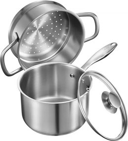 VEVOR Kookpot Grote Capaciteit 2,37 L met Glazen Deksel &amp; Stoomlaag, Soeppan Groentepan met Ergonomische Handgreep, Melkpan Gemaakt van Roestvrij Staal Groentepan Zilver Vaatwasmachinebestendige Sauspan