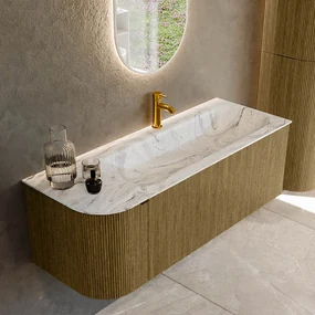 Mondiaz Kurve-dlux 125cm badmeubel ronding links dusk met 1 lade en deur en wastafel big medium kraangat rechts glace