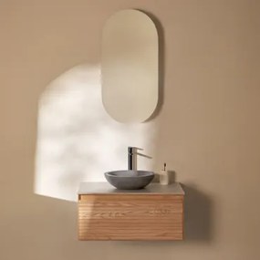 Tedrik Badkamermeubelset In Essenhout Ash Brown & Rond Grijs Cement Ø40 Cm Tarsis & Ovaal Met Opbergruimte 45x90 Cm Abner & Zwart - Sklum