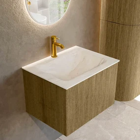 Mondiaz Kurve-dlux 60cm badmeubel dusk met 1 lade en wastafel cloud midden 1 kraangat ostra