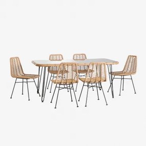 Rechthoekige Tafelset In Synthetisch Riet (180x90 Cm) Leribert En 6 Eetkamerstoelen In Synthetisch Rotan Naturel Gouda Natuurlijk & Geen Kussen -