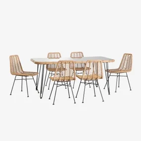 Rechthoekige Tafelset In Synthetisch Riet (180x90 Cm) Leribert En 6 Eetkamerstoelen In Synthetisch Rotan Naturel Gouda Natuurlijk & Geen Kussen -