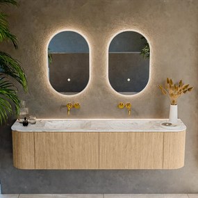 Mondiaz Kurve-dlux 180cm badmeubel ronding links/rechts oak met 2 lades en deuren en wastafel leaf dubbel zonder kraangat glace