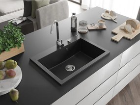 Mexen Elix granieten enkelvoudige spoelbak 700 x 500 mm, zwart, chromen sifon - 6526701005-77