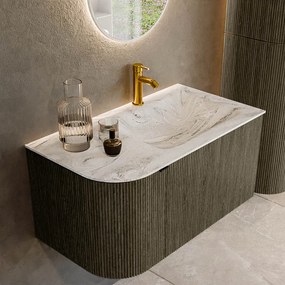 Mondiaz Kurve-dlux 85cm badmeubel ronding links shadow met 1 lade en deur en wastafel cloud kraangat rechts glace