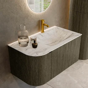 Mondiaz Kurve-dlux 85cm badmeubel ronding links shadow met 1 lade en deur en wastafel cloud kraangat rechts glace