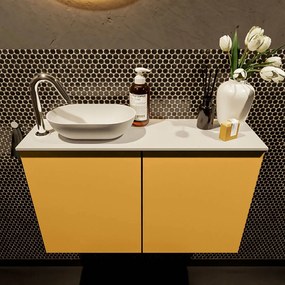 Mondiaz Fowy toiletmeubel 80cm ocher met witte waskom links en kraangat