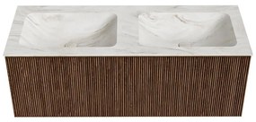 Mondiaz Kurve-dlux 120cm badmeubel walnut met 1 lade en wastafel leaf dubbel zonder kraangat ostra