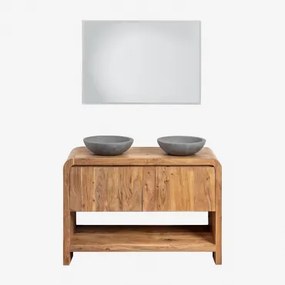 Vacry Houten Badkamermeubelset Acacia Bruin & 2 X Ronde Grijze Cement Ø40 Cm Tarsis & Rechthoekige Led En Anticondens 100x70 Cm Riben & Zonder Kraan &