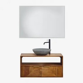 Baty Mangohouten Badkamermeubelset Mangohout & Rond Grijs Cement Ø40 Cm Tarsis & Rechthoekige Led En Anticondens 100x70 Cm Riben & Zwart - Sklum