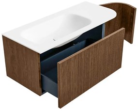 Mondiaz Kurve 105cm badmeubel ronding rechts walnut met 1 lade en deur en wastafel big small links zonder kraangat