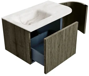 Mondiaz Kurve-dlux 75cm badmeubel ronding rechts shadow met 1 lade en deur en wastafel grunne links zonder kraangat frappe