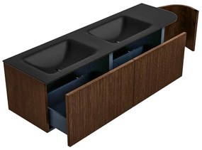 Mondiaz Kurve 155cm badmeubel ronding rechts walnut met 2 lades en 1 deur en wastafel cloud dubbel/links zonder kraangat urban