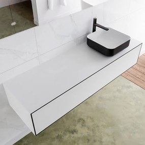 Zaro Lagom volledig naadloos solid surface onderkast met topblad 150cm mat zwart met 1 lades Push tot open. Compleet met solid surface opzetkom met 1 kraangat(en)