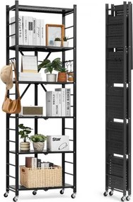 VEVOR 6-laags opvouwbare planken met wielen, 30 x 61 x 183 cm, opvouwbare, robuuste plankenkast, vrijstaande plankenkast, huishoudelijke plankenkast, keukenplankenkast, metalen plankenkast voor garage, keuken, kelder, zwart