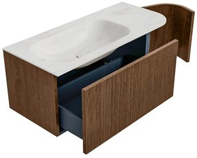 Mondiaz Kurve-dlux 105cm badmeubel ronding rechts walnut met 1 lade en deur en wastafel big small links zonder kraangat ostra