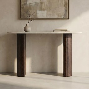 Ovale Sidetable Travertin En Walnoot - 130 X 35cm.