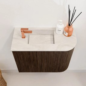 Mondiaz Joya DLux 50cm toiletmeubel ronding rechts walnut met wastafel faye links 1 kraangat ostra