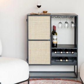 Wijnkast Japandi Zwart Met Rotan - 80x38x100cm.