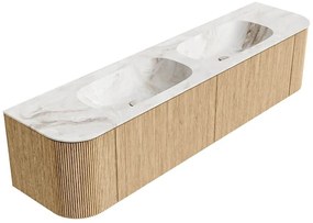 Mondiaz Kurve-dlux 190cm badmeubel ronding links/rechts oak met 2 lades en deuren en wastafel stor small dubbel zonder kraangat frappe