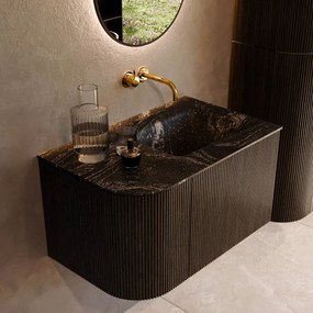 Mondiaz Kurve-dlux 75cm badmeubel ronding links shadow met 1 lade en deur en wastafel grunne rechts zonder kraangat lava