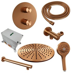 Brauer Copper Carving thermostatische inbouw regendouche met 3 standen handdouche, rechte muurarm en hoofddouche 30cm set 80 koper geborsteld PVD