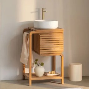 Bradley Teakhouten Badkamermeubelset Rond Keramiek Wit Ø40 Cm Lenka & Spiegelloze & Geborsteld Goudkleurig ↑30 Cm Met Aftapkraan Zonder Overloop Alame