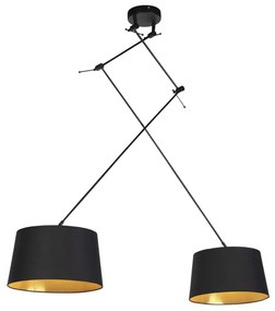 Eettafel / Eetkamer Hanglamp zwart met katoenen kappen zwart met goud 35 cm 2-lichts - Blitz Modern E27 cilinder / rond rond Binnenverlichting Lamp