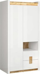 Kledingkast Cirevai 106, Westminster eik, Glanzend wit, 201x102x60cm, 99.85 kg, Kledingkast deuren: Met scharnieren, Aantal planken: 3, Aantal planken: 3