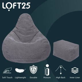 Highback Zitzak Stoel incl. Poef Corduroy Stof - Charcoal