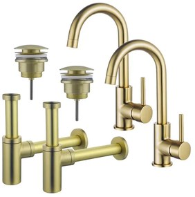 Fortifura Calvi Wastafelkraanset - voor dubbele wastafel - hoge wastafelkraan - draaibare uitloop - klikwaste plug - design sifon - Geborsteld Messing PVD (Goud) 2x SW809349/2x SW696202/2x SW696213