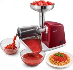 VEVOR elektrische tomatenpers, max. 800 W, roestvrij staal, keukenmachine voor aardbeienjam, pompoenpuree, salsa en sap, 4 zeven met maaswijdtes van 1 / 1,5 / 3 / 6 mm, beschermkap, reinigingsborstel, rood