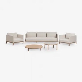 Tuinset Met 3-zitsbank, 2 Fauteuils En 2 Ronde Salontafels Van Acaciahout Olivia Lichte Acaciekleur & Lichtbruin Acacia - Wit Gardenia - Sklum