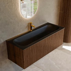 Mondiaz Kurve 120cm badmeubel walnut met 1 lade en wastafel big large midden 1 kraangat urban