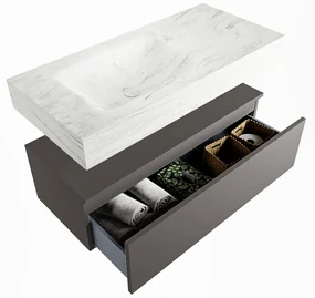 Mondiaz Alan DLux badmeubel 100cm dark grey 1 lade met wastafel opalo links 1 kraangat