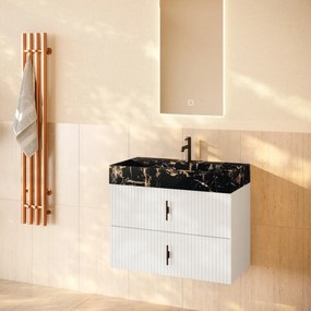 Muebles Murcia badmeubel ribbelfront 80cm wit mat met Portoro Gold wastafel met kraangat