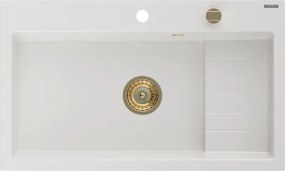Mexen Omar granieten gootsteen 1-komorige 800 x 480 mm, wit, gouden sifon - 6520801005-20-G